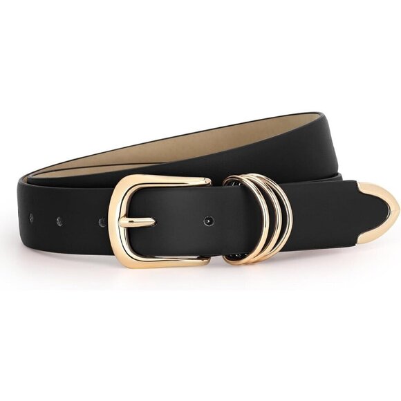 Women  Black Leather Belt Gold Buckle Ladies Leather Waist Belt for Jeans Pants main image 4